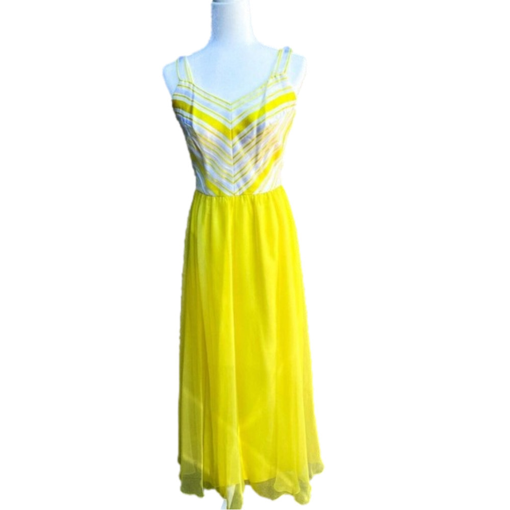 Retro Montaldos Dress and Jacket Set 1970s Yellow Satin Chiffon Maxi S